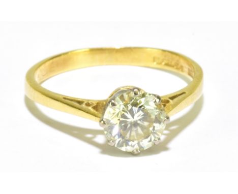 An 18ct yellow gold and diamond solitaire ring, the eight claw set round brilliant cut stone weighing approx 1.06ct, size L 1