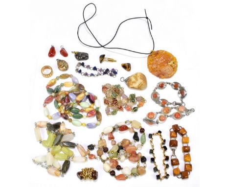 A quantity of costume jewellery including 1970s agate, amber and carnelian beads, and a gold tone unmarked 1970s bark effect 