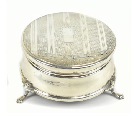 BISHTON &amp; CO; a hallmarked silver circular trinket box, with engine turned and engraved detailing, Birmingham 1973, diame