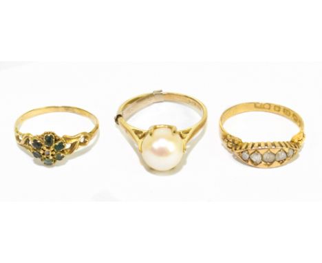 An 18ct yellow gold and old cut five stone diamond ring, size P, approx 2.25g, a 9ct yellow gold ring set with simulated pear