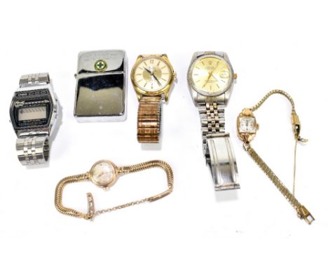 Two vintage 9ct gold lady's wristwatches, combined 32.5g, a lighter and three fashion watches.Additional InformationNo watche