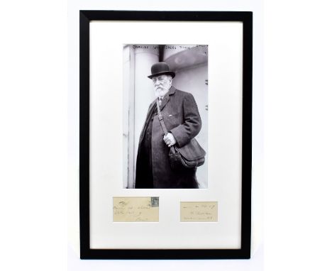 CAMILLE SAINT-SAENS (1835-1921); printed and hand written calling card with envelope to Monsiur Aderer, framed with a black a