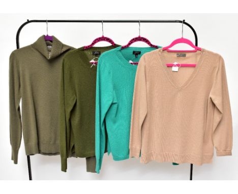 J. CREW; a khaki green round neck 100% cashmere sweater, size large and a bright green sweater, size large, an N. Peal beige 