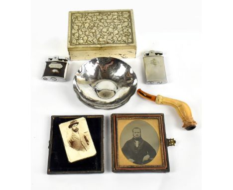 A Keswick School of Industrial Arts petal shaped bowl, diameter 10.35cm, a lady's cased carved meerschaum pipe, two lighters,