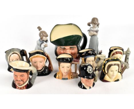 ROYAL DOULTON; seven small sized character jugs, 'Henry VIII' and his wives, together with a large sized Royal Doulton charac