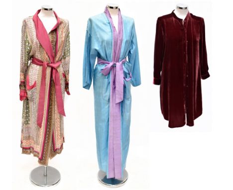 ONE HUNDRED STARS; an unused with tags pink, green and cream hand screen printed kimono style gown with belt, one size, a sky