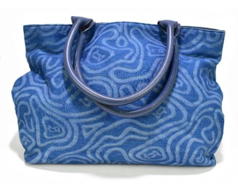 GALLIANO; a blue denim maker's monogrammed canvas large handbag trimmed with blue soft leather to top and base, with two magn