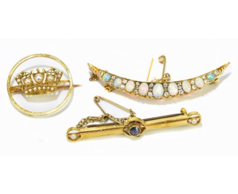 An Edwardian yellow metal opal and diamond crescent brooch, length 540mm, approx 5.2g, a 15ct yellow gold and cultured pearl 