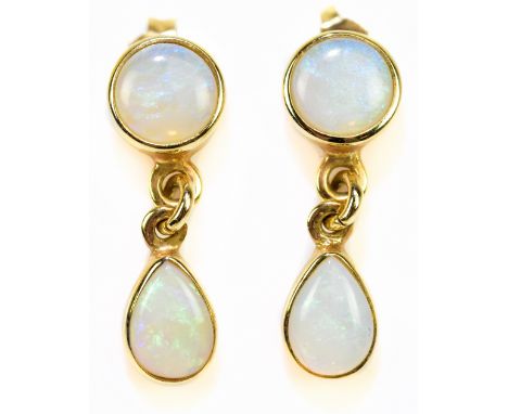 A pair of 18ct yellow gold and opal drop earrings, length of drop approx 20mm, approx 2.75g.