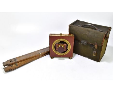 A mahogany and brass plate camera, with tripod.&nbsp;