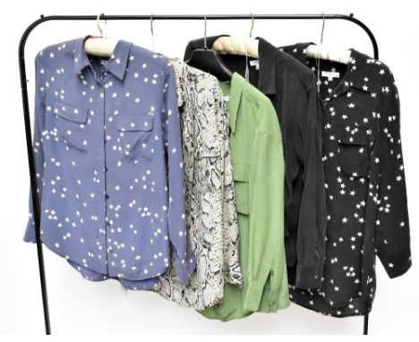 EQUIPMENT; five 100% silk lady's blouses in black, green, snake print and star pattern designs, all size medium (5).Additiona