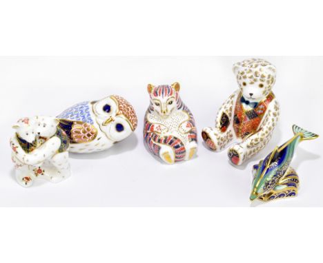 ROYAL CROWN DERBY; five animal form paperweights including baby bottlenose dolphin, seated bear, etc (5).Additional Informati