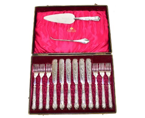 MAPPIN & SONS; a cased set of six silver sheath handled and steel bladed fish knives and forks, Sheffield 1911, also a silver