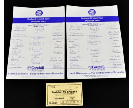 ENGLAND CRICKET TOUR PAKISTAN 1987; two signed Cornhill Insurance autograph sheets, each with twenty autographs, with a Pakis