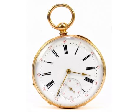 A French yellow metal key wind pocket watch with Roman numerals and subsidiary seconds hand to the white enamel dial with gui