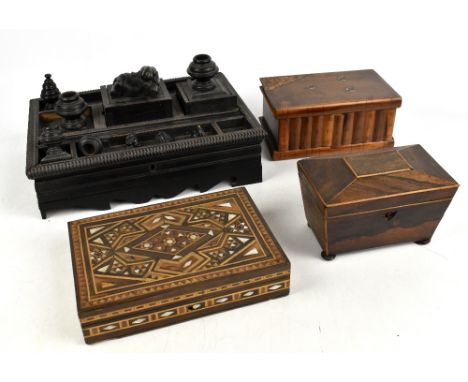 A 19th century Ceylonese box with compartmented upper section, length 36cm, with a 19th century rosewood tea caddy (lacking f