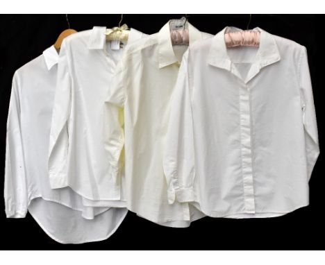 HERMÈS; a lady's white cotton shirt with small button collar, size 38, a Re/Done white cotton shirt with front buttons, size 