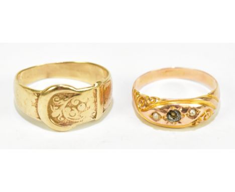 A 9ct yellow gold buckle ring, approx size R, together with a 9ct yellow gold ring set with seed pearls (lacking central ston