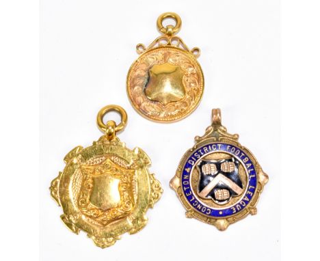 A 9ct yellow gold and enamel decorated football medallion inscribed 'Congleton &amp; District Football League, League Winners