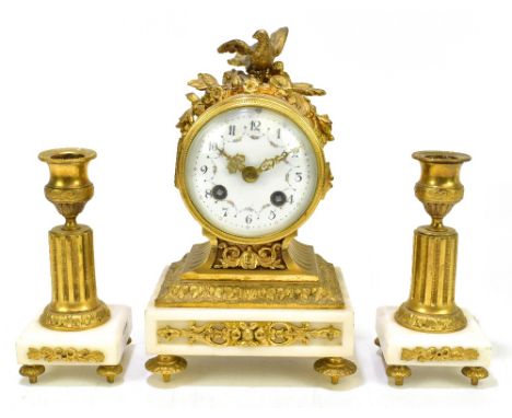 DAILLE D'ARGENTE; a late 19th century French clock garniture comprising drum clock with bird and floral surmount above the en