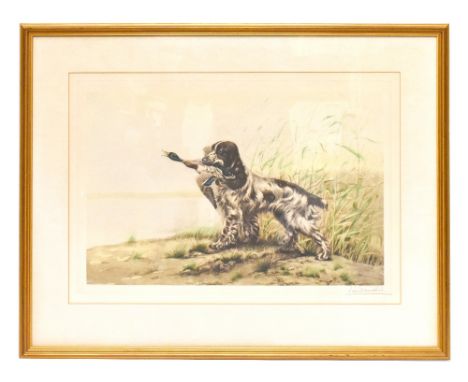 LEON DANCHIN (1887-1938); coloured print, spaniel with a duck, signed in pencil lower right, 44 x 63cm, framed and glazed.&nb