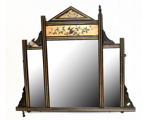 A late Victorian Aesthetic Movement overmantel mirror of architectural form with hand painted floral decoration above three g