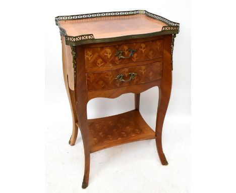 A French inlaid walnut Louis XV style serpentine side table, with two drawers and undertier on cabriole legs, height 59cm, wi