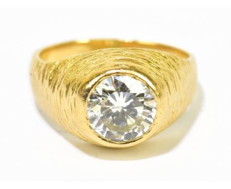 A gentleman's 18ct yellow gold diamond signet ring, the collet set round cut stone weighing approx. 2cts within a textured mo