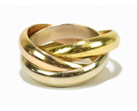CARTIER; an 18ct yellow, white and rose gold three interlocking bands Tri-colour Trinity ring, stamped 750, size J.