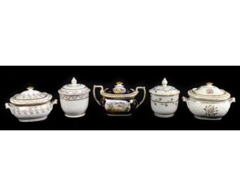 NEW HALL; five pieces of 18th century porcelain, including three twin handled sugar bowls, the first decorated with pattern n