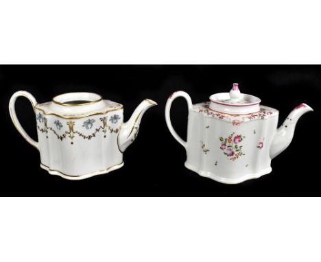 NEW HALL; two 18th century commode shaped teapots, the first pattern number N195, with hand painted floral decoration, the se