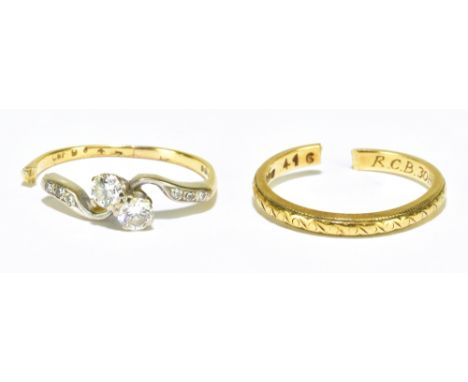 An 18ct yellow gold diamond crossover ring and a 18ct yellow gold wedding band, both cut, approx 4.6g.