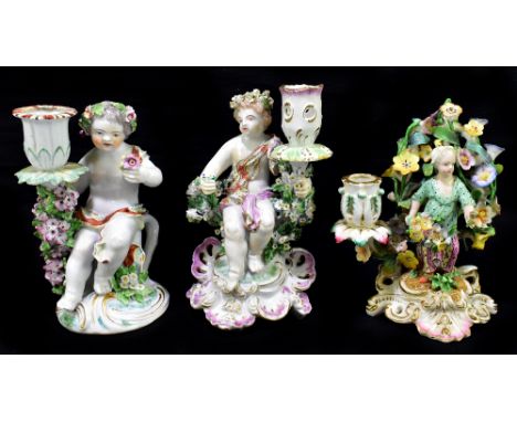 DERBY; an 18th century porcelain figural candlestick representing a maiden holding flowers with a side single branch and scon