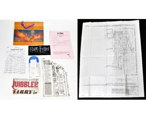 HARRY POTTER INTEREST; a small group of ephemera including a torn section of Quibbler as used on set, some blue print style p