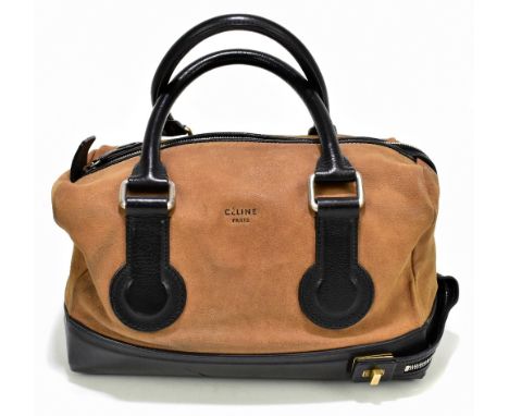 CELINE, PARIS; a small taupe brown suede Boston style handbag with Congo black leather base and handles, with silver and gold