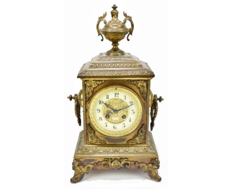 A late 19th century French brass mantel clock with Arabic numerals to the chapter ring and eight day movement signed 'Japy Fr