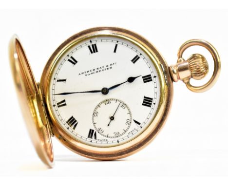 ARTHUR KAY &amp; BRO OF MANCHESTER; a gold plated crown wind full hunter pocket watch with Roman numerals to the white enamel
