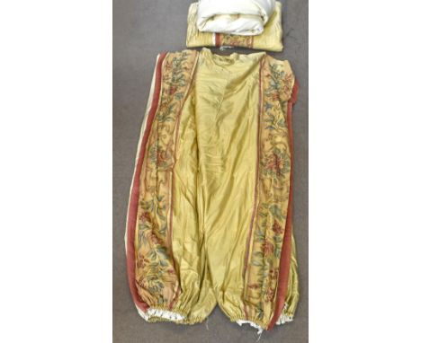 Two pairs of lined and interlined golden and floral patterned curtains, each&nbsp;drop approx 240, gather at top approx 120cm