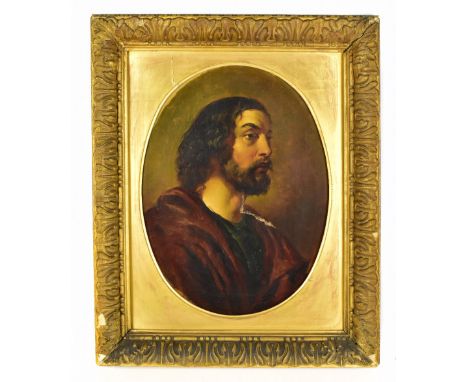 ENGLISH SCHOOL, 19TH CENTURY; oil on canvas, portrait of a bearded man in a dark red cloak, unsigned, 41 x 30cm, framed.&nbsp