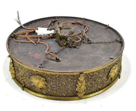 A late 19th/early 20th century brass plated hanging ceiling light of circular form with pierced scrolling decoration and appl