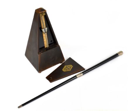 A cased George V hallmarked silver conductor's baton, London 1924, also a metronome.&nbsp;