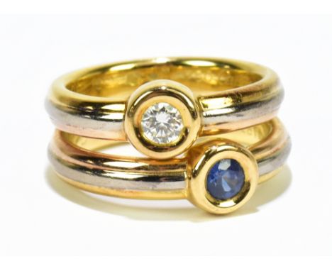 CARTIER; an 18ct yellow, white and rose gold double Trinity ring set with a 0.2ct diamond and 0.2ct sapphire, with&nbsp;authe