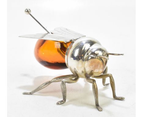 MAPPIN & WEBB; a novelty honey pot in the form of a bee, with silver plated mounts and hinged cover and amber coloured glass 