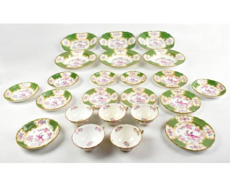 MINTON; a 'Cockatrice' pattern part tea and dinner service, comprising three soup bowls, three sandwich plates, three side pl