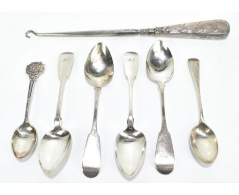 J.S; four William IV teaspoons with engraved initials 'ME', Glasgow 1836, together with two further hallmarked silver teaspoo