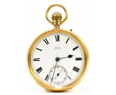 An 18ct yellow gold open faced crown wind pocket watch, the white enamel dial set with Roman numerals and subsidiary seconds 