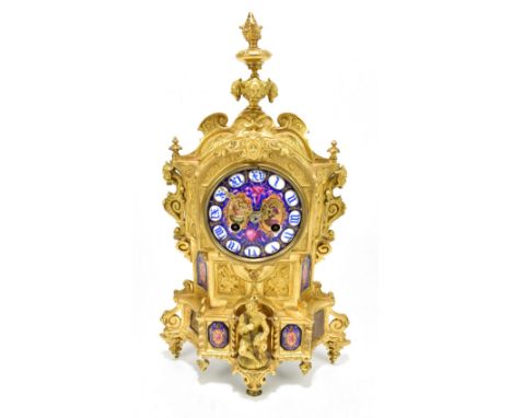 LEROY &amp; FILS; a late 19th century omolu and enamel decorated eight day mantel clock, the elaborate Gothic inspired case w