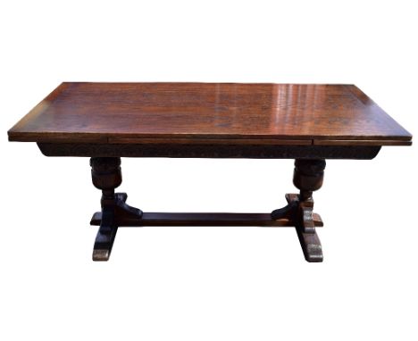 JAYCEE; a 17th century style oak refectory type table, with extending rectangular top, height 76cm, width 180cm (when closed)