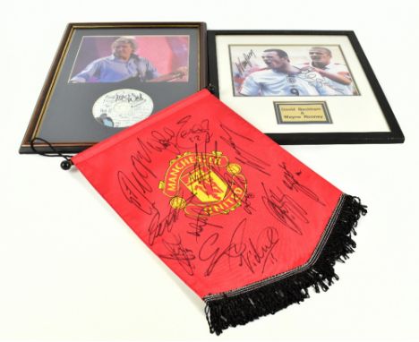 MANCHESTER UNITED; a signed Manchester United pennant with twelve signatures, with a photographic print of David Beckham and 