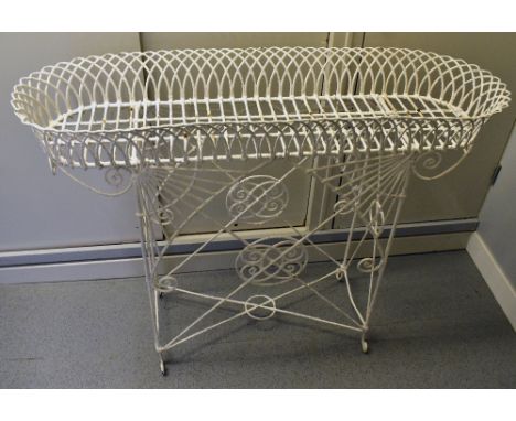 A Victorian white painted wire garden planter, height 90cm, length 116cm.&nbsp;
